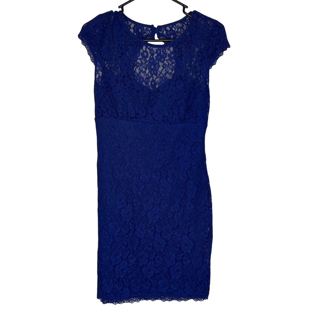 As U Wish Blue Lace Cap Sleeve Illusion Sheath Mini Party Dress Size Medium